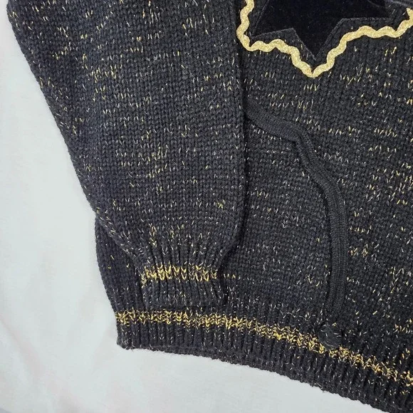 Vintage 80s Celestial Gold Sparkle Star Velvet Patch Mock Neck Sweater Womens L‎ - Picture 8 of 16